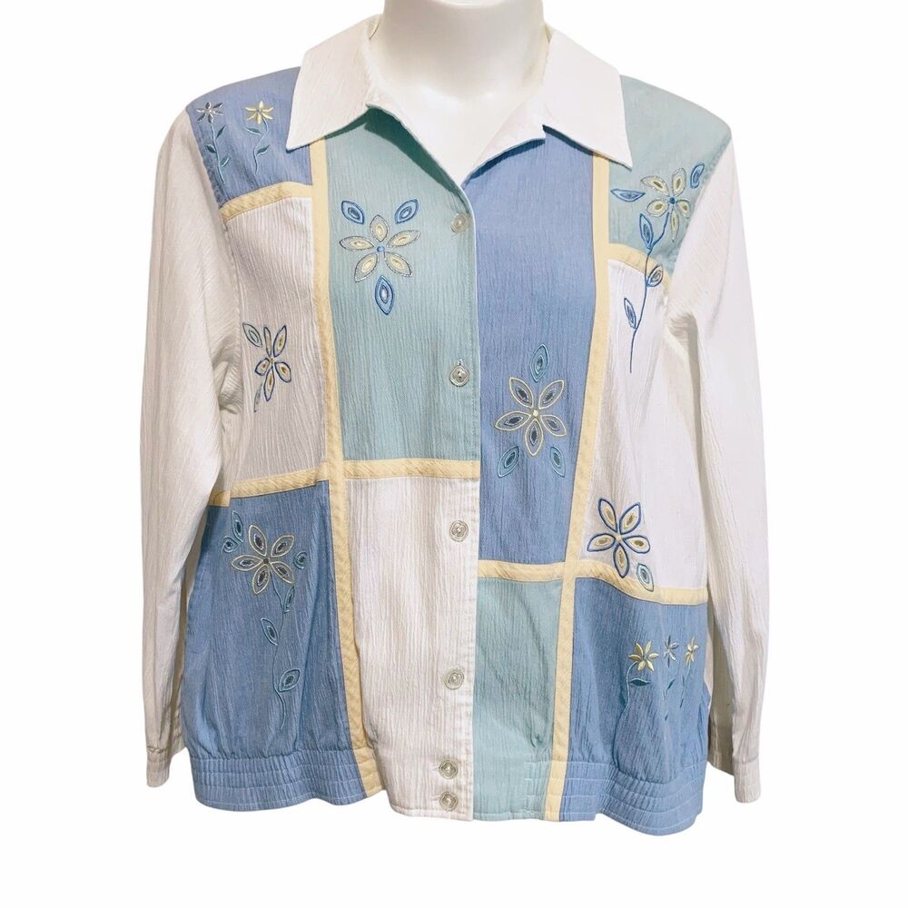 Alfred Dunner Button-Up Jacket Women Size 18 Multicolor Floral Patchwork Pockets